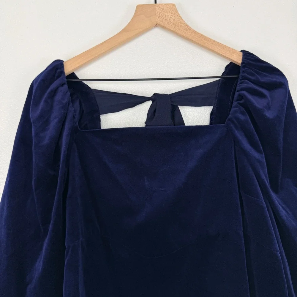 Banana Republic Velvet Top Womens L Navy Blue Puff Sleeve Bow Back Square Neck